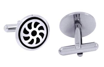 Wheel Black Round Rhodium Plated Brass Cufflink Pair for Men 3