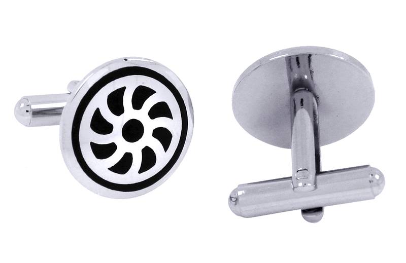 Wheel Black Round Rhodium Plated Brass Cufflink Pair for Men