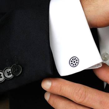 Wheel Black Round Rhodium Plated Brass Cufflink Pair for Men 4