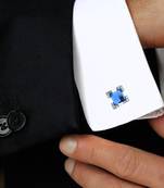 Square Faceted Blue Stone American Diamond CZ Rhodium Plated Brass Cufflink Pair for Men