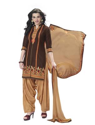 Brown pure cotton cambric embroidered unstitched salwar with dupatta 1