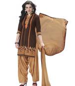 Brown pure cotton cambric embroidered unstitched salwar with dupatta