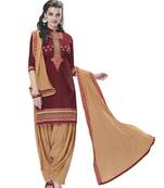 Maroon pure cotton cambric embroidered unstitched salwar with dupatta