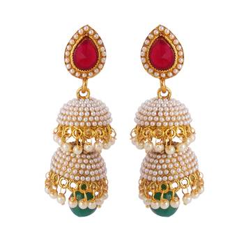 Traditional Jadau Pearl Polki Work Copper Double Tokri Jhumki Red Green 1