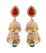 Traditional Jadau Pearl Polki Work Copper Double Tokri Jhumki Red Green