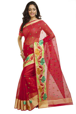 red embroidered cotton saree With Blouse 1