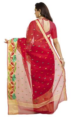 red embroidered cotton saree With Blouse 2
