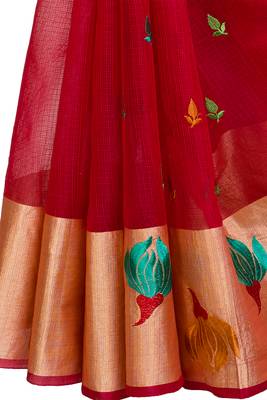red embroidered cotton saree With Blouse 3