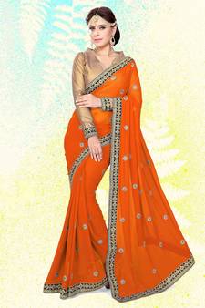 orange embroidered georgette saree With Blouse