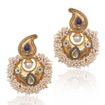 Blue stones chandni pearl polki royal earring,ethnic india women jewelry v573b 1