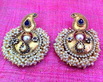 Blue stones chandni pearl polki royal earring,ethnic india women jewelry v573b 2