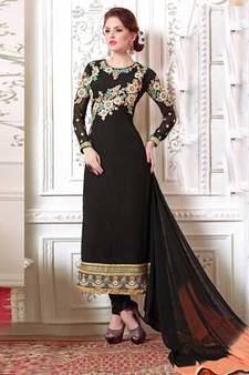 Black embroidered georgette and net unstitched salwar with dupatta