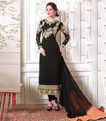 Black embroidered georgette and net unstitched salwar with dupatta