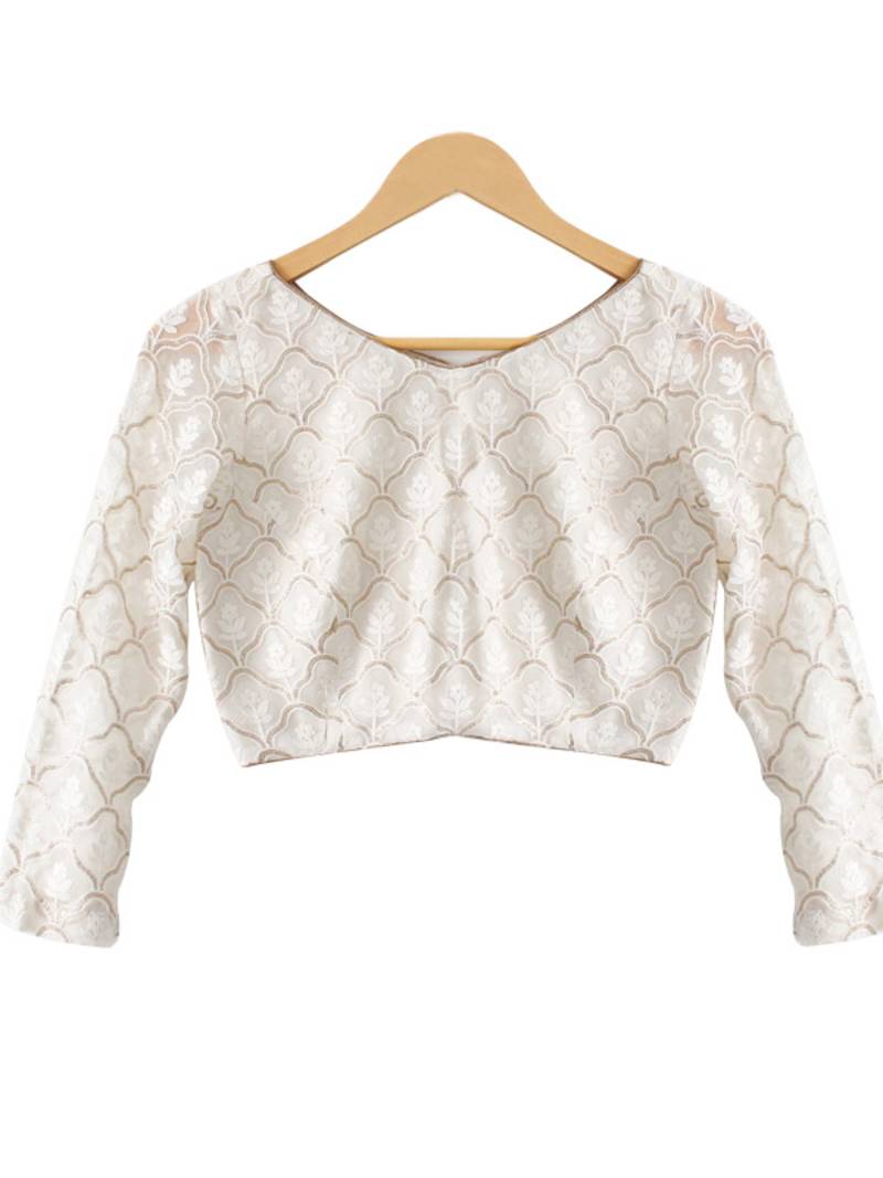 Fabron White georgette cotton thread & sequins chain stitch designer unstitched blouse