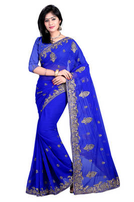 blue resham embroidery georgette saree with blouse 1