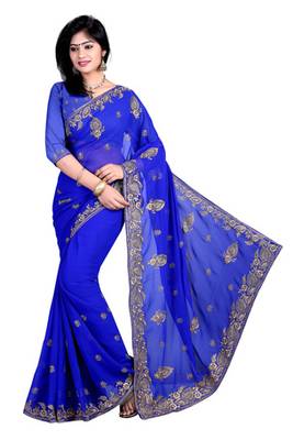 blue resham embroidery georgette saree with blouse 3