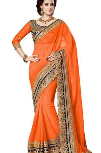 orange resham embroidery georgette saree with blouse