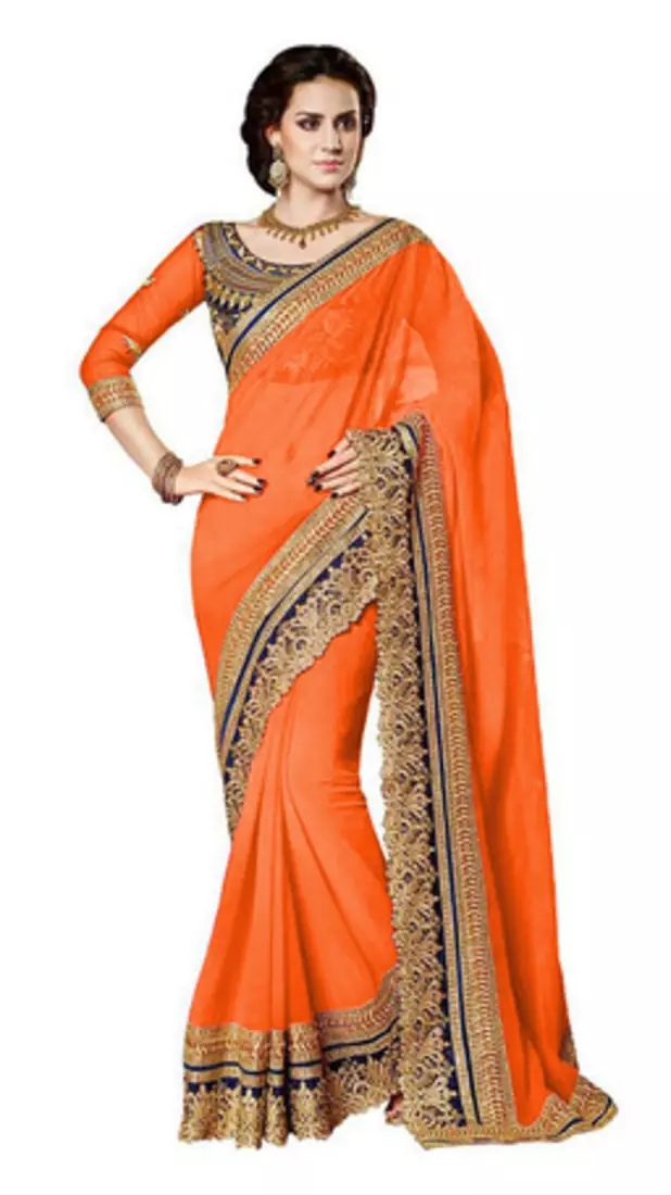 orange resham embroidery georgette saree with blouse