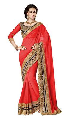red resham embroidery georgette saree with blouse 1