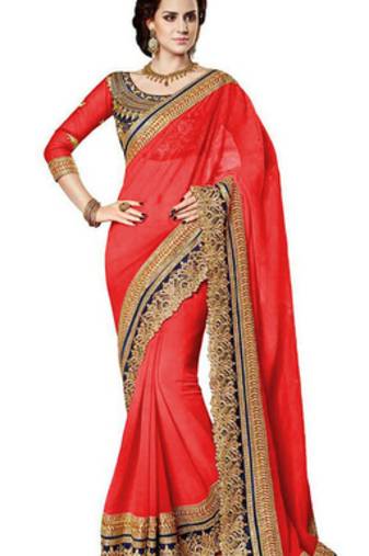 red resham embroidery georgette saree with blouse