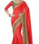 red resham embroidery georgette saree with blouse