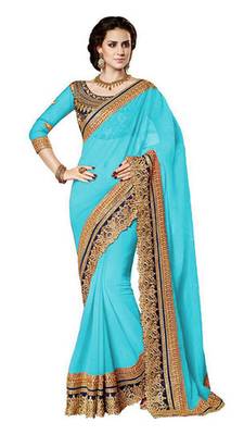sky blue resham embroidery georgette saree with blouse 1