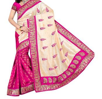 Pink printed bhagalpuri silk saree with blouse 1