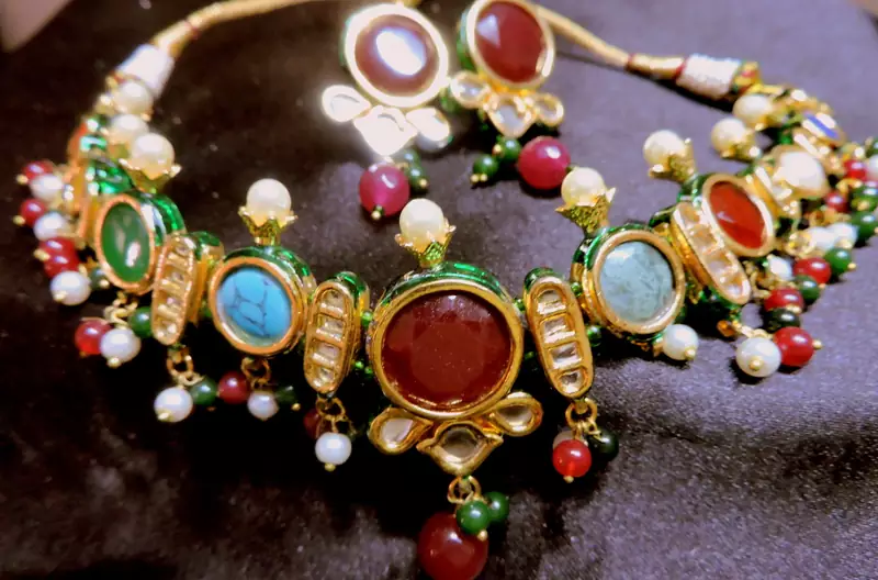 Rajwara Classic Navratna Gold Foil Necklace Set