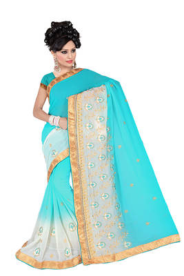 light_turquoise embroidered georgette saree With Blouse 1