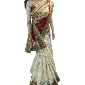 Red Embroidered Faux Net Saree With Blouse 1