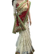 Red Embroidered Faux Net Saree With Blouse