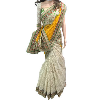 Yellow Embroidered Faux Net Saree With Blouse 1