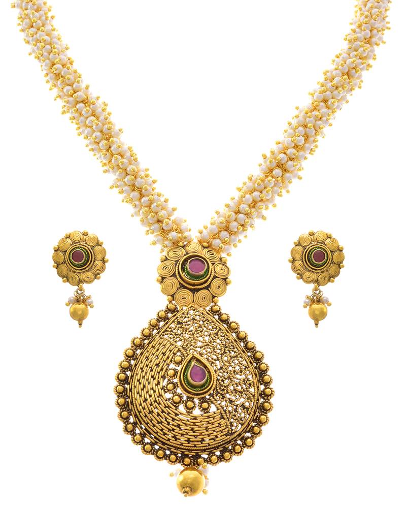 JFl - Traditional & ethnic one gram gold plated pearl string necklace set with earring for women & girls