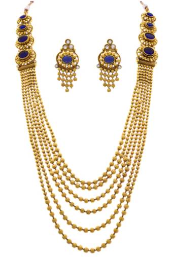 JFL - Traditional, Ethnic, Antique Multi Strand  Bead Stone & Austrian Diamond One Gram Gold Plated Long Necklace Set 