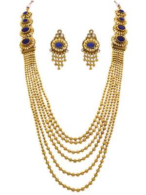 JFL - Traditional, Ethnic, Antique Multi Strand  Bead Stone & Austrian Diamond One Gram Gold Plated Long Necklace Set  1