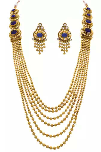 JFL - Traditional, Ethnic, Antique Multi Strand  Bead Stone & Austrian Diamond One Gram Gold Plated Long Necklace Set 