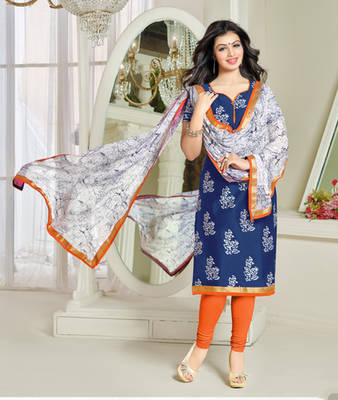 Navy blue printed cotton unstitched salwar with dupatta 1