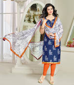 Navy blue printed cotton unstitched salwar with dupatta