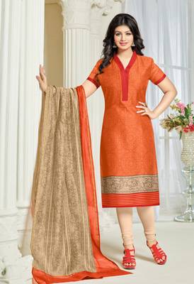 Orange printed cotton unstitched salwar with dupatta 1