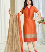 Orange printed cotton unstitched salwar with dupatta