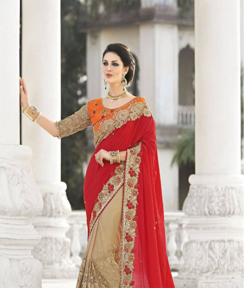 Women's Pure Georgette Red Embellished Designer Saree With Blouse Piece