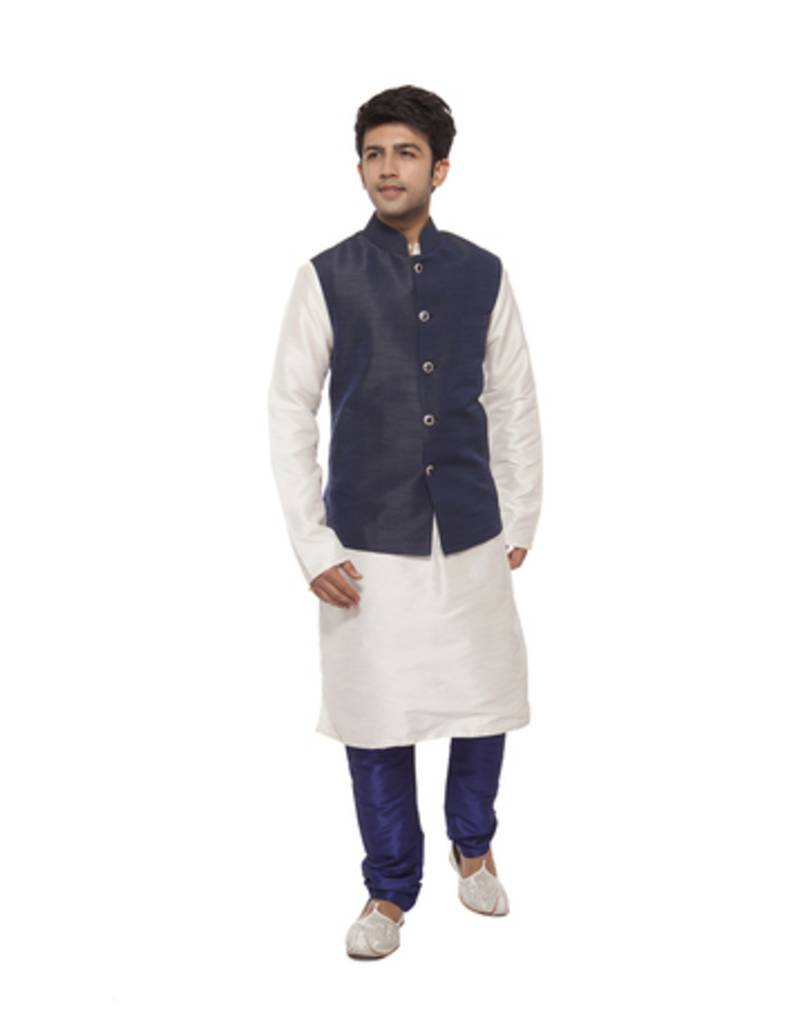 Blue plain silk kurta pyjama