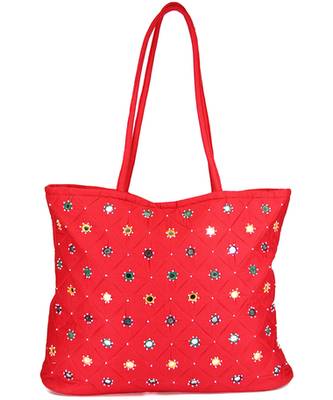 Womens Cottage Red Cotton Full Patch Work Bag 1