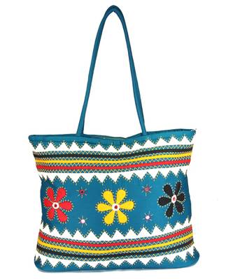 Womens Cottage Blue Cotton Three Flowers Patch Work Bag 1