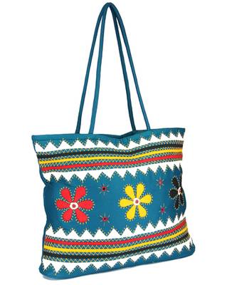 Womens Cottage Blue Cotton Three Flowers Patch Work Bag 3