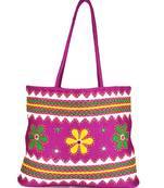 Womens Cottage Magenta Cotton Three Flowers Patch Work Bag