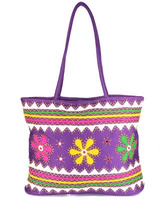 Womens Cottage Purple Cotton Three Flowers Patch Work Bag 1