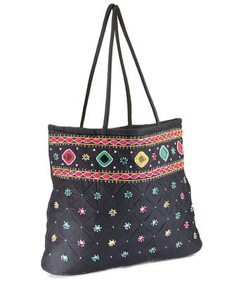 Womens Cottage Black Cotton Border Patch Work Bag 2