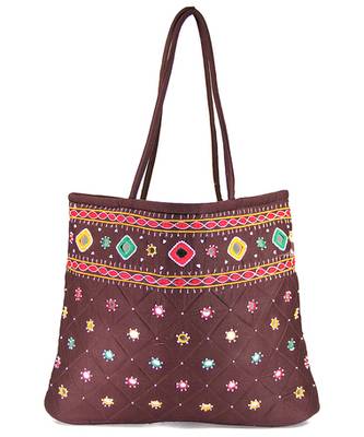 Womens Cottage Brown Cotton Border Patch Work Bag 1