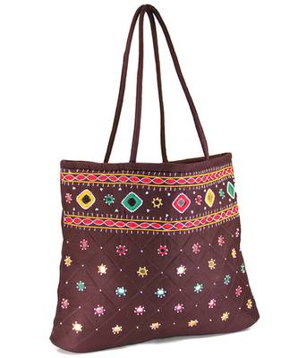 Womens Cottage Brown Cotton Border Patch Work Bag 3